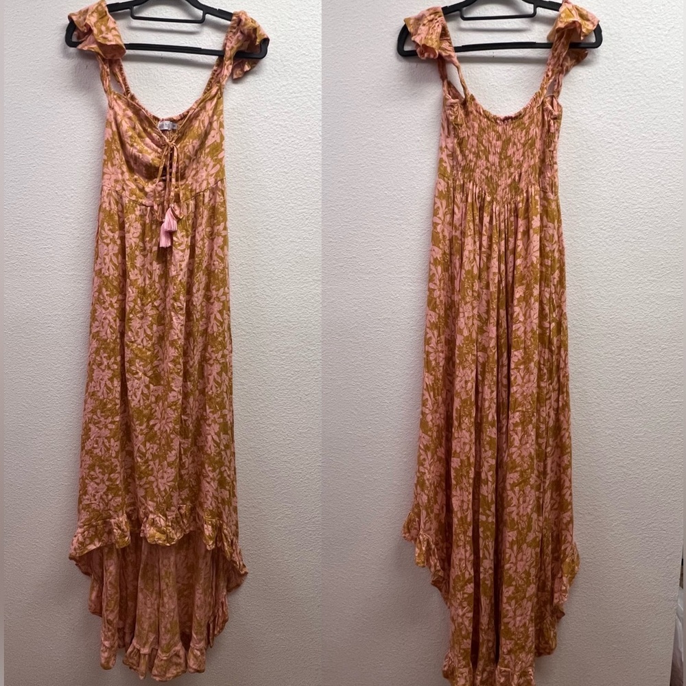 Tiare Hawaii Pink and Mustard Floral Ruffle Maxi Dress